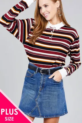 Voluptuous ( ) Plus Size Long Sleeve Multi Striped DTY Brushed Shirts