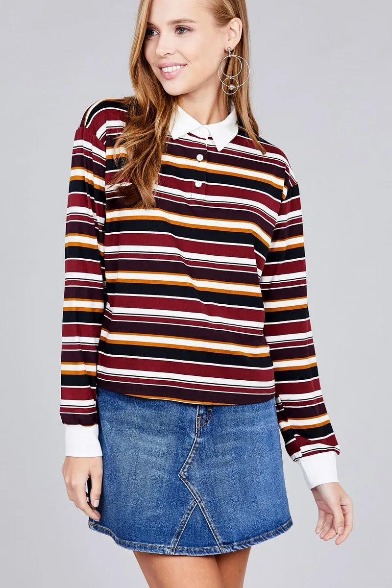 Voluptuous ( ) Plus Size Long Sleeve Multi Striped DTY Brushed Shirts