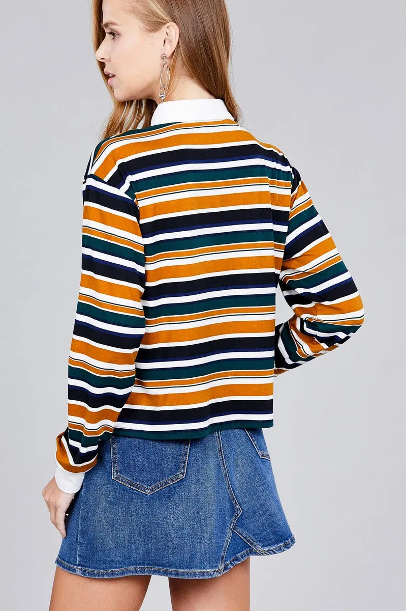 Voluptuous ( ) Plus Size Long Sleeve Multi Striped DTY Brushed Shirts