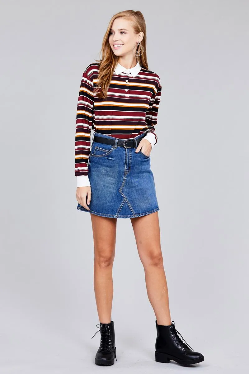 Voluptuous ( ) Plus Size Long Sleeve Multi Striped DTY Brushed Shirts
