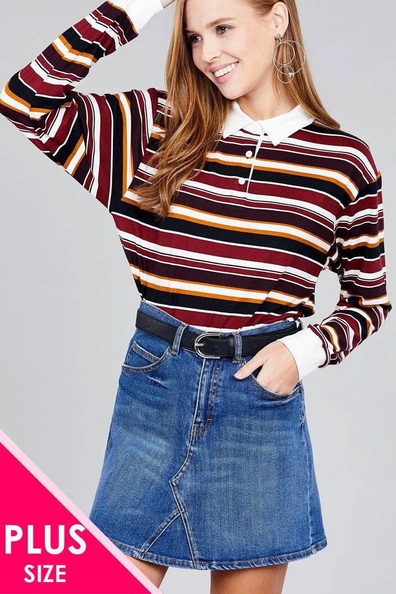 Voluptuous ( ) Plus Size Long Sleeve Multi Striped DTY Brushed Shirts
