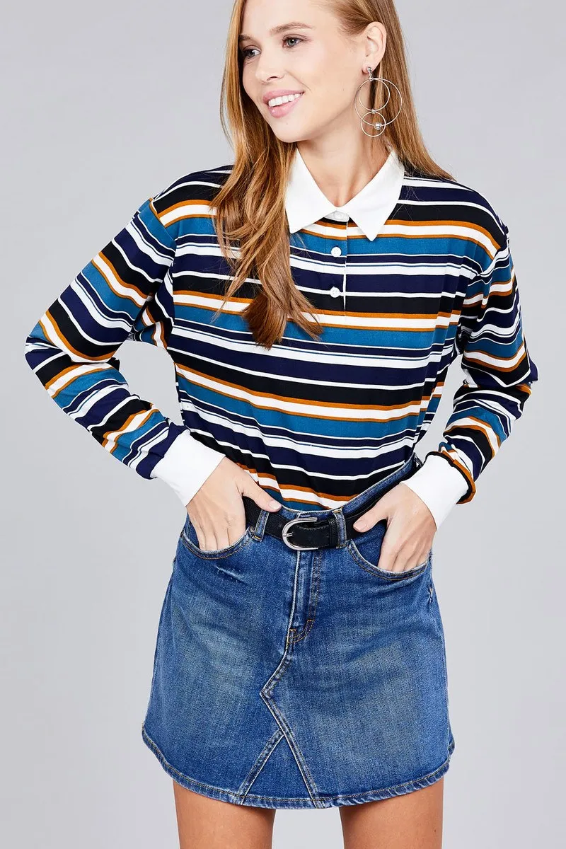 Voluptuous ( ) Plus Size Long Sleeve Multi Striped DTY Brushed Shirts