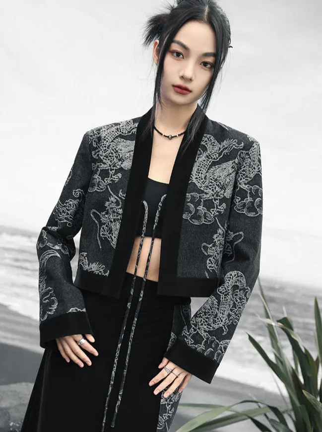 Waist Splicing Retro High Loose Top Double-Breasted Dragon Jacquard
