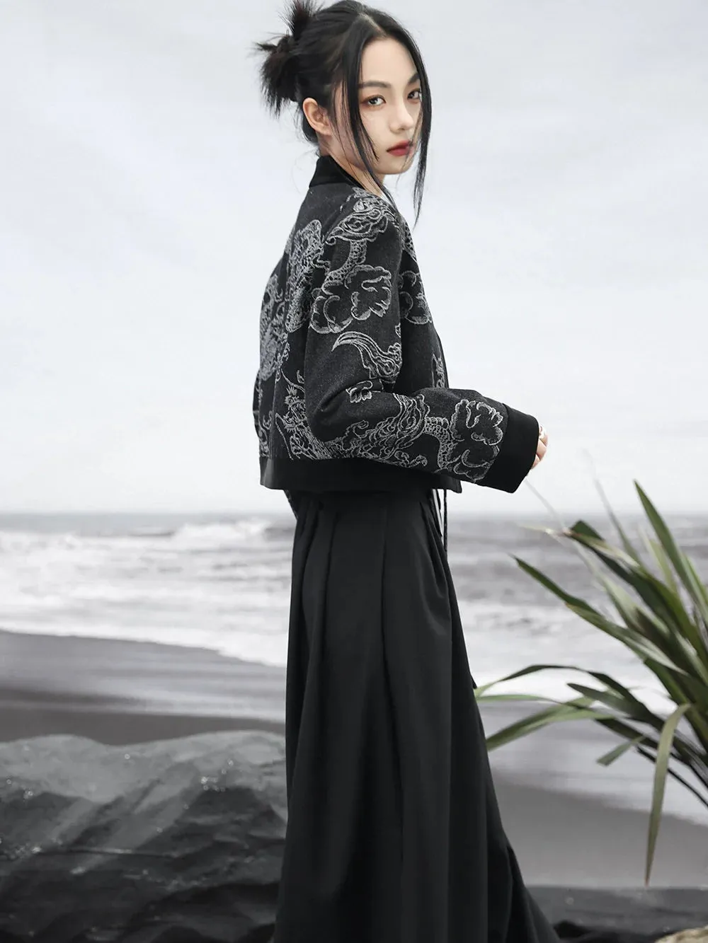Waist Splicing Retro High Loose Top Double-Breasted Dragon Jacquard