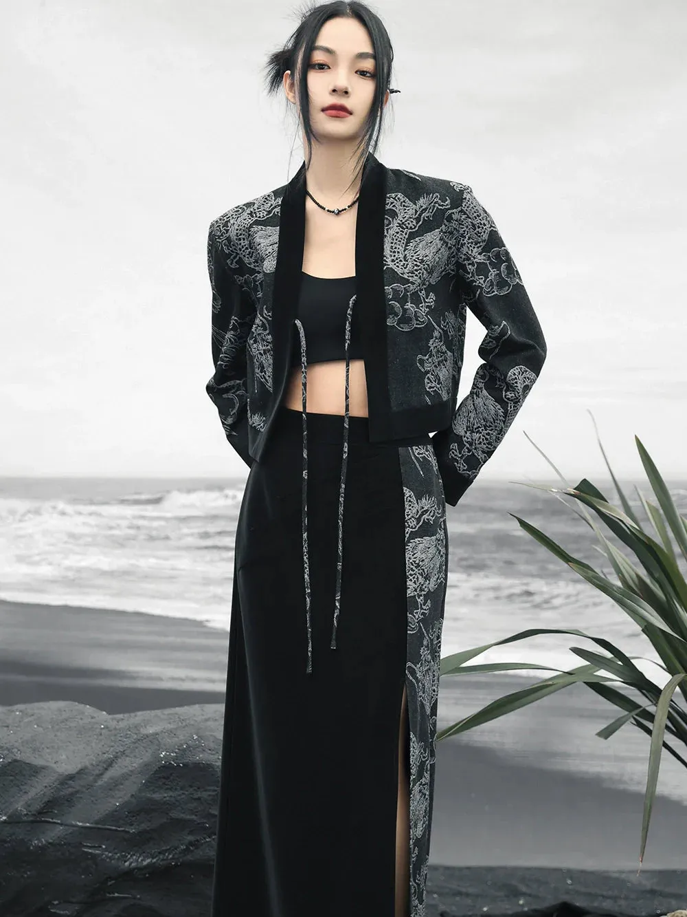 Waist Splicing Retro High Loose Top Double-Breasted Dragon Jacquard