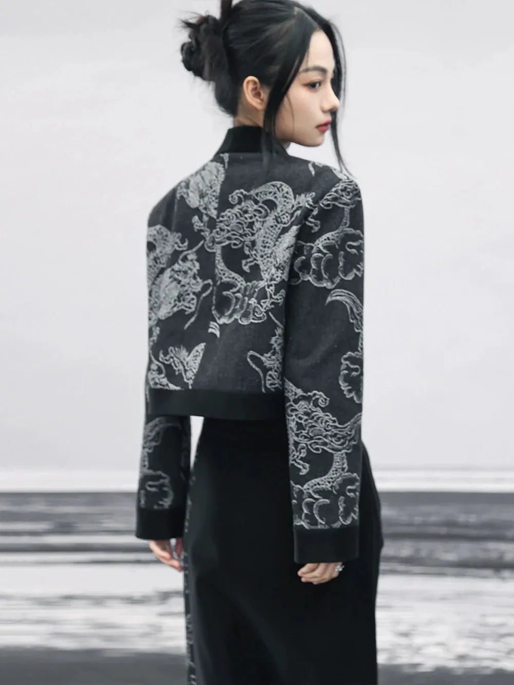 Waist Splicing Retro High Loose Top Double-Breasted Dragon Jacquard