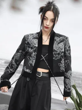 Waist Splicing Retro High Loose Top Double-Breasted Dragon Jacquard