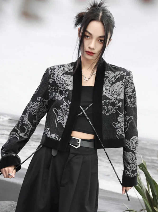 Waist Splicing Retro High Loose Top Double-Breasted Dragon Jacquard